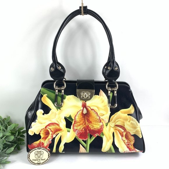 Sharif Women's Shoulder Bag Black Yellow Red Floral Printed Large Leather